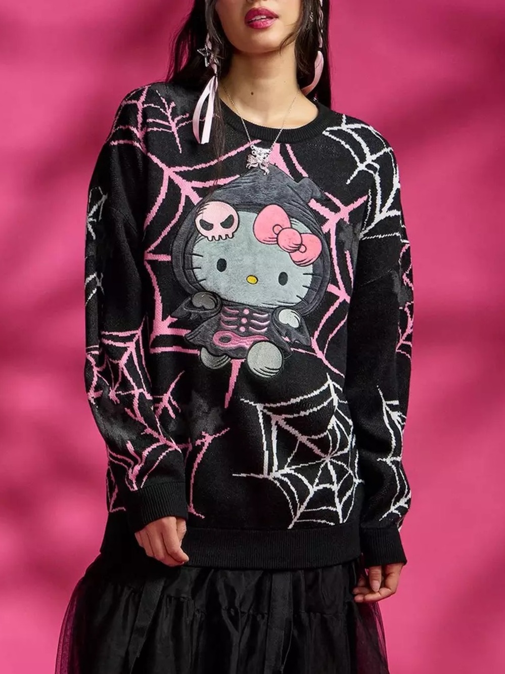 Hello Kitty Skeleton Reaper Sweater Halloween Punk Spider Webs Sanrio Hot Topic